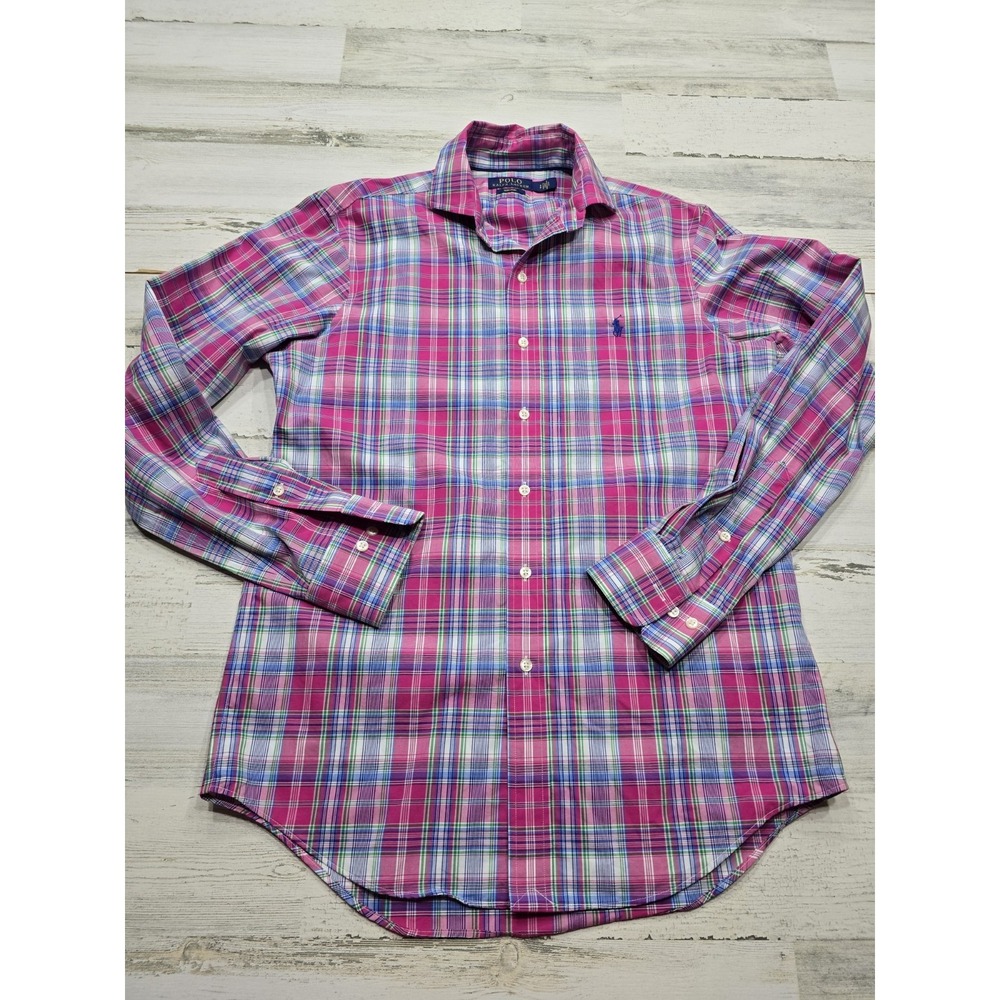 Polo Ralph Lauren Mens Pink Blue Plaid Non-Iron Cotton Button Down Shirt Small S